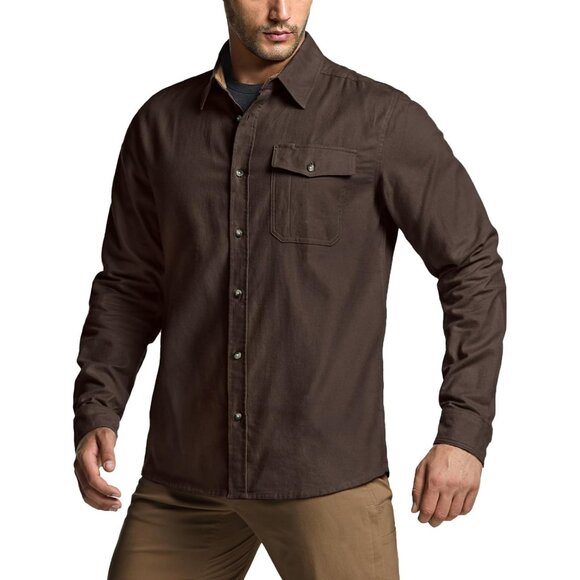 Mens Brown Cotton Flannel Shirt Long Sleeve Brushed Soft Casual Outdoor Plaid - Picture 9 of 9